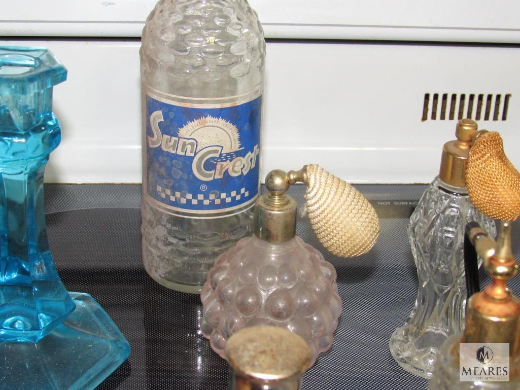 Lot Vintage Glass Perfume Bottles, Sun Crest bottle, & Candle Holders