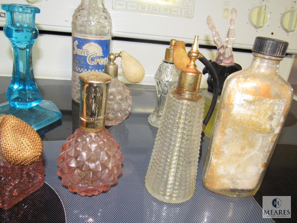 Lot Vintage Glass Perfume Bottles, Sun Crest bottle, & Candle Holders