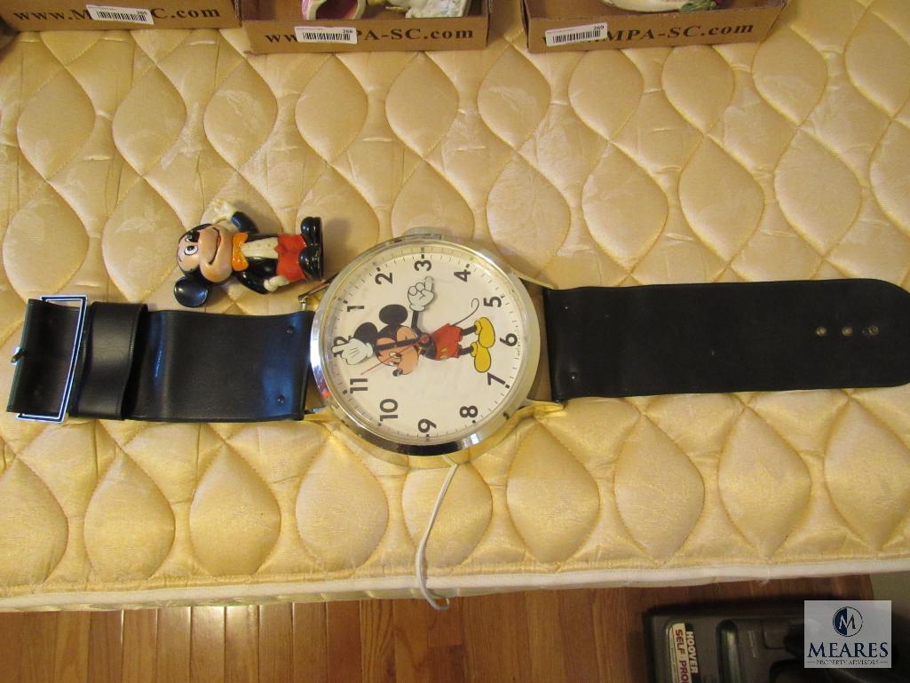 Vintage Mickey Mouse Watch wall clock and rubber toy