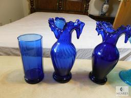 4 piece lot blue & cobalt glass vases and candy dish