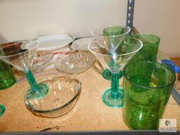 Shelf lot stemmed glassware glass decanter serving pieces and decorative garden signs