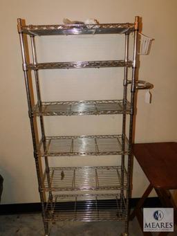 Lot Chrome finish Rolling Shelf, Collapsible Hamper, & Wood Folding Tray