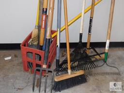 Lot of Yard Tools Rakes, Pitch Fork, Shovels +