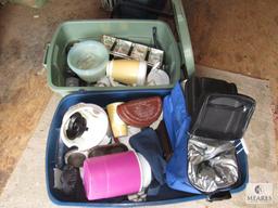 Lot 2 Totes of Kitchen Items Coolers, Cups, Pans, Small Appliances +