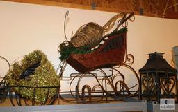 Shelf Lot Outdoor Decorations Metal Plant Hangers, Lantern, Wicker Sled, Little Girl