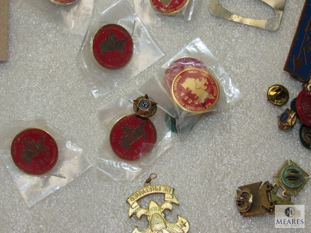 12 Boy Scout Metal Neckerchief Slides & Lot of Vintage Scout Pins 1930's - 90's
