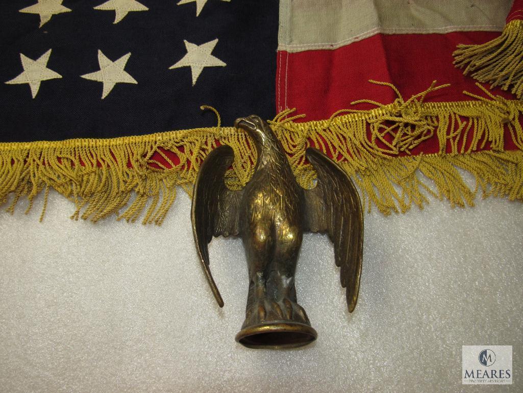 Lot Valley Forge Bicentennial Flag, Vintage American Flag & Bronze Eagle Flag Topper