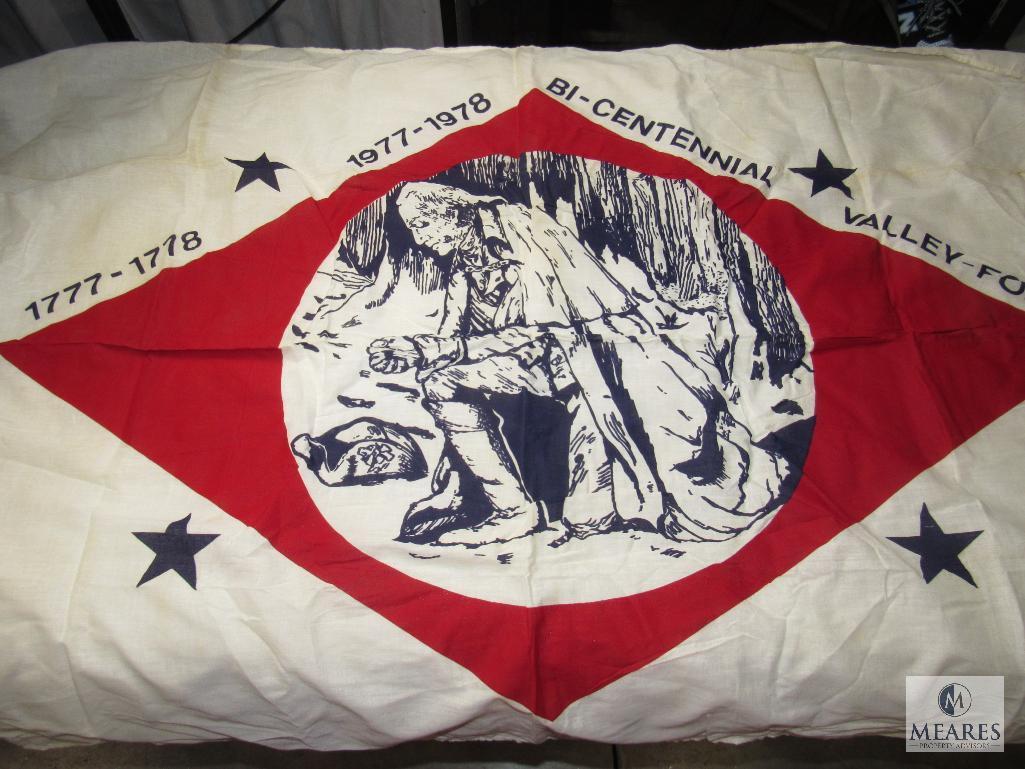 Lot Valley Forge Bicentennial Flag, Vintage American Flag & Bronze Eagle Flag Topper