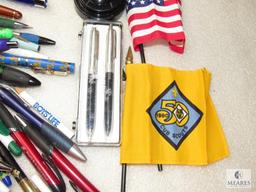 Lot Various Boy Scout Pens & Pencils and Vintage Scout & USA Desk Flags