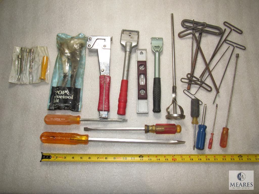Lot various Hand Tools Pop Rivet Gun, Stapler, Screwdrivers, Mixer, Allen Wrenches +