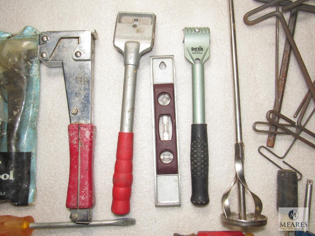 Lot various Hand Tools Pop Rivet Gun, Stapler, Screwdrivers, Mixer, Allen Wrenches +