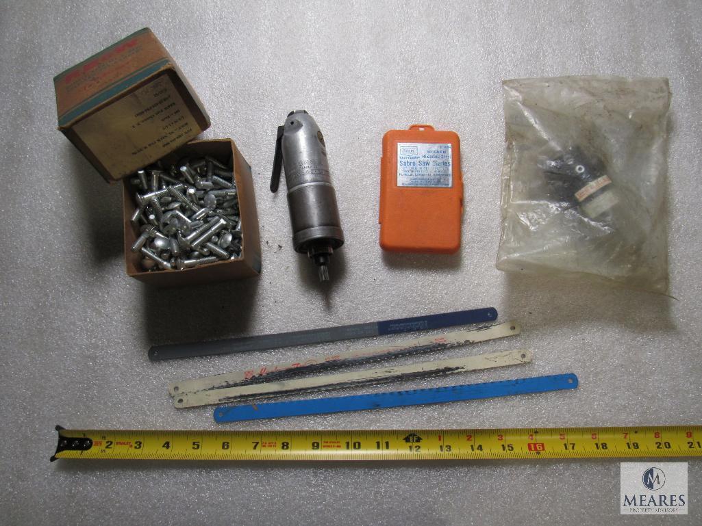 Lot Rockwell air tool, New lubricator, Bolts, hacksaw & sawzall blades