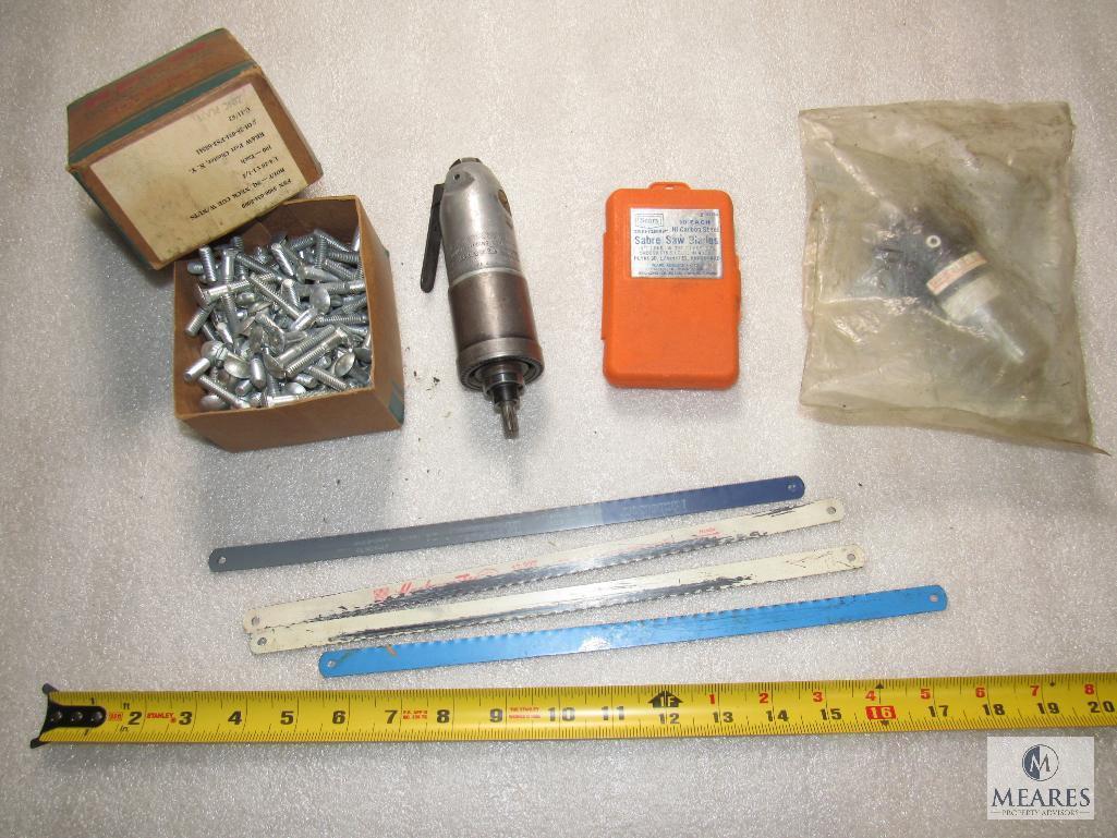 Lot Rockwell air tool, New lubricator, Bolts, hacksaw & sawzall blades