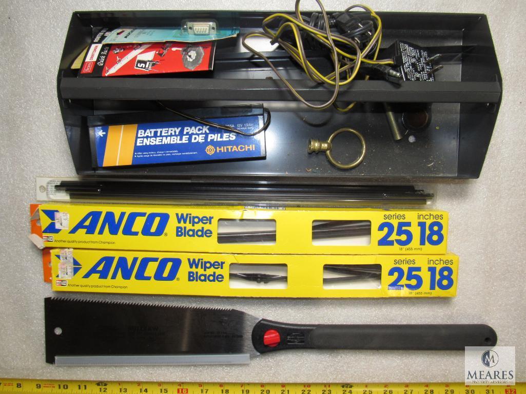 Metal Toolbox Tray with New Pull Saw, Wiper Blades, Battery Pack, +