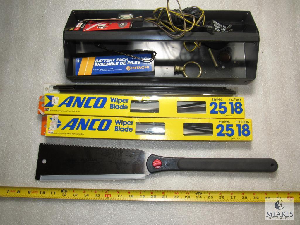 Metal Toolbox Tray with New Pull Saw, Wiper Blades, Battery Pack, +