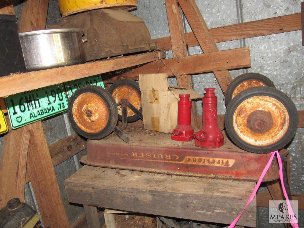 Back Contents of Bldg #1- Tire Wheels, Plow Handles, Weed Eaters, Old Wagon, License Plates +