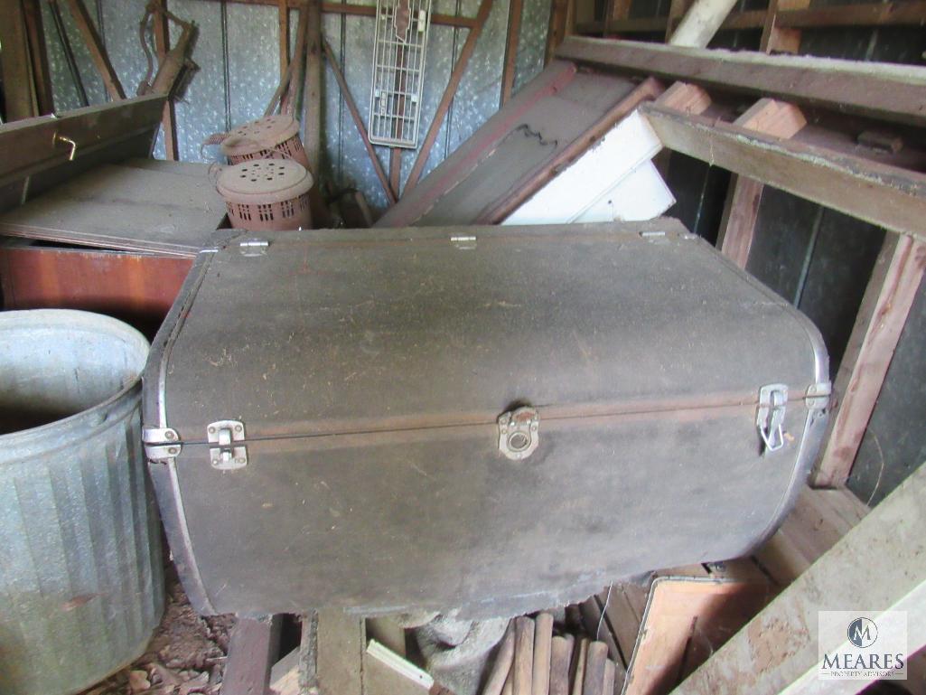 Contents Bldg#4 - Old Kerosene Heaters, Buckets, Old Trunk, Suitcase, Rear Axle, Chevy truck Grill,