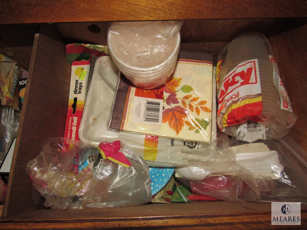 Wood Storage Cabinet with Contents Utensils & Paper goods