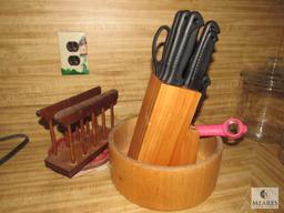 Lot Wood nut bowl, Block of Kinsu knives, Napkin Holder +