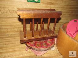 Lot Wood nut bowl, Block of Kinsu knives, Napkin Holder +