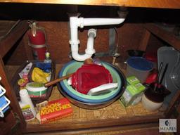 Cabinet lot- Mixing Bowls, Lightbulbs, Plastic Containers, Matches, +