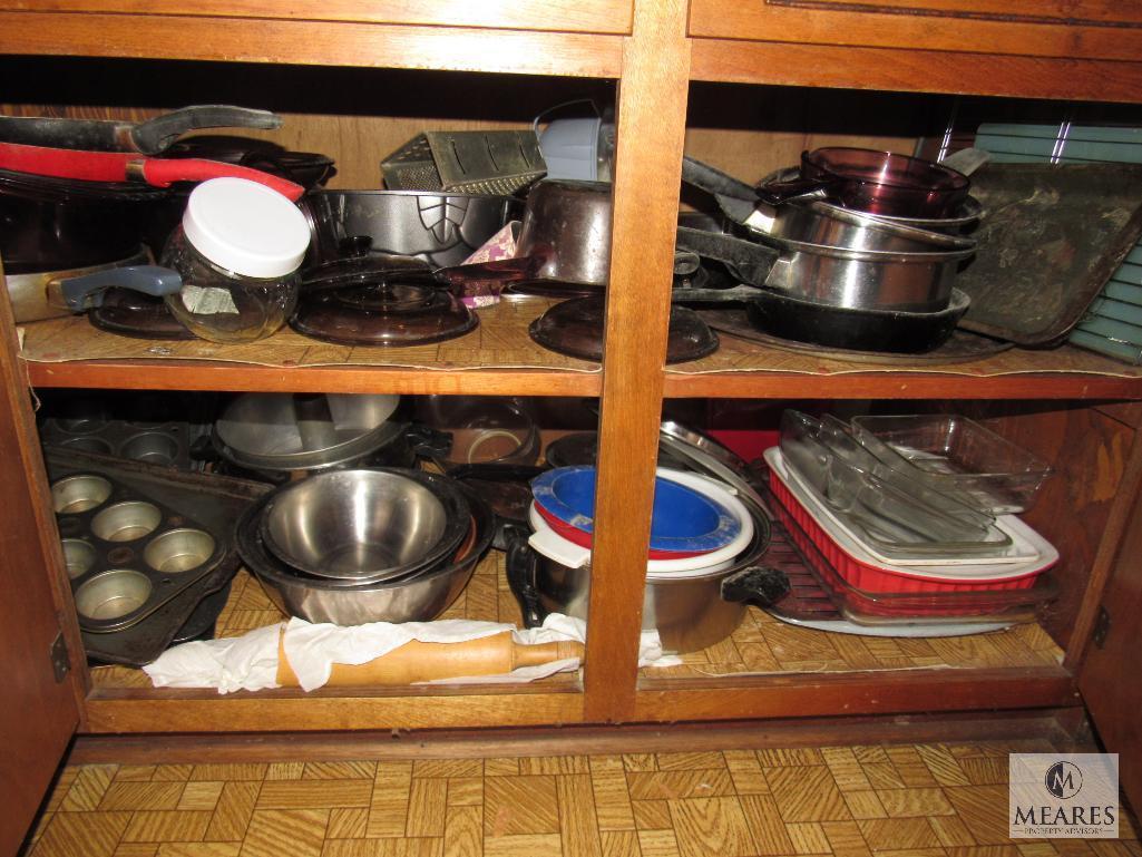Cabinet lot- Pots, Pans, Rolling Pin, Tins, Grater, +