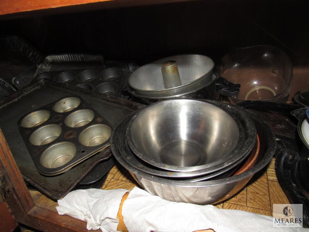 Cabinet lot- Pots, Pans, Rolling Pin, Tins, Grater, +