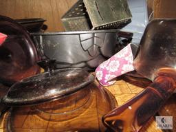 Cabinet lot- Pots, Pans, Rolling Pin, Tins, Grater, +