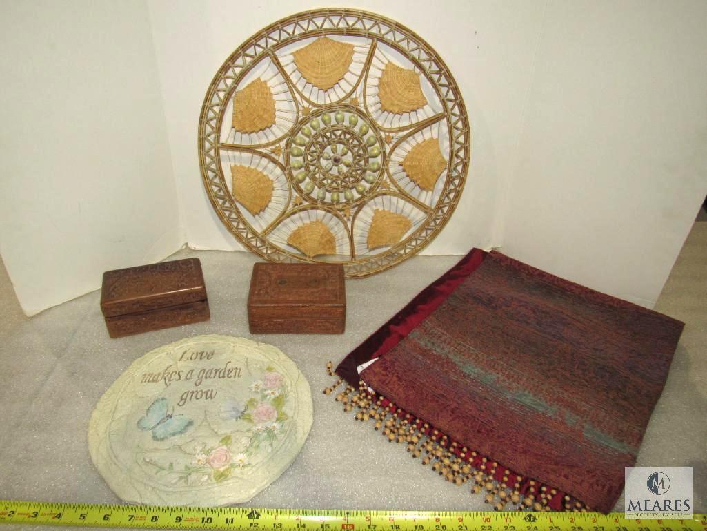 Lot 2 Small Wood Carved Trinket Boxes, Wicker Placemat, Table Runner, +