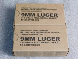 Lot 100 Rounds Remington 9mm Luger 115 Grain Ammunition