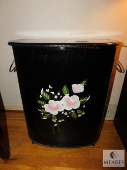 Vintage Metal Hamper Bin Black with hand-painted floral design