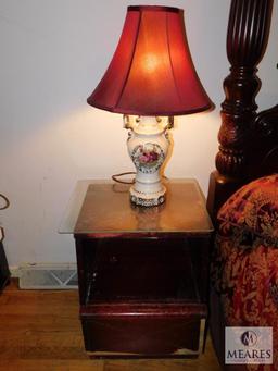 Vintage Wood Side Table / Nightstand with Ceramic Victorian Lamp