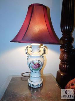 Vintage Wood Side Table / Nightstand with Ceramic Victorian Lamp