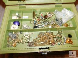 Plastic Jewelry Box Chest Washed Green with Costume Jewelry & Buttons