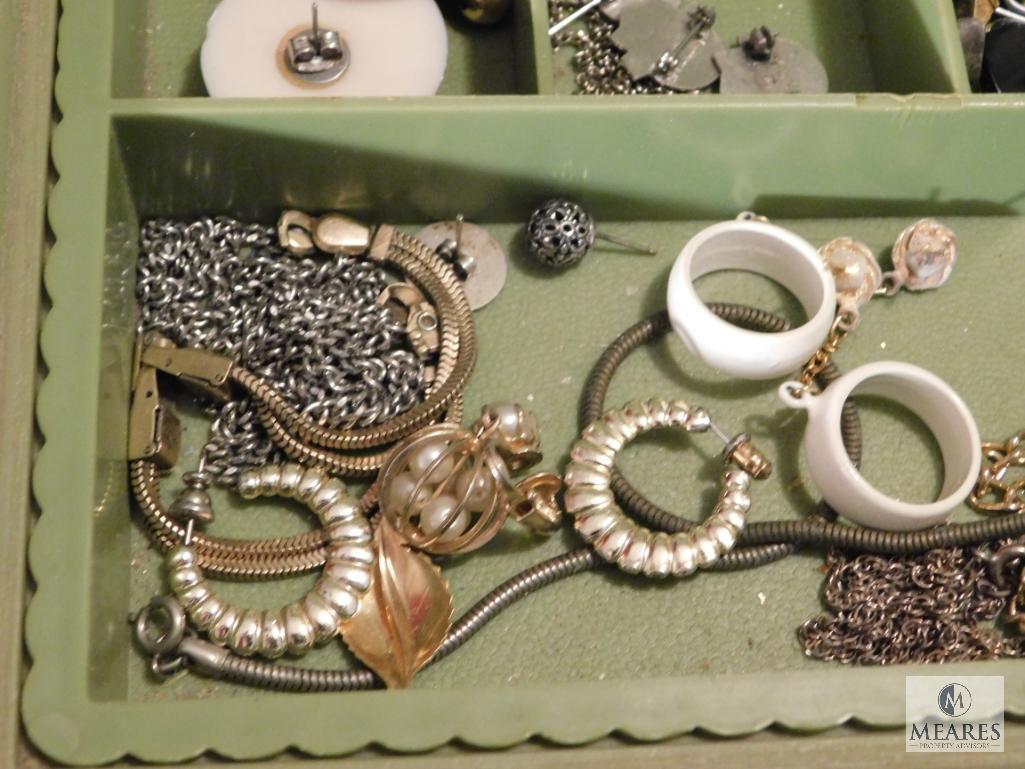 Plastic Jewelry Box Chest Washed Green with Costume Jewelry & Buttons