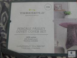 New Threshold Percale Paisley 3 pc Duvet Cover Set King Size 1 Duvet & 2 King Shams