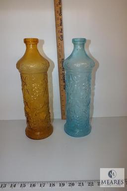 Vintage Prussian Blue and Amber Italian Tall Glass Decanters Embossed with Grape, Apple & Pear