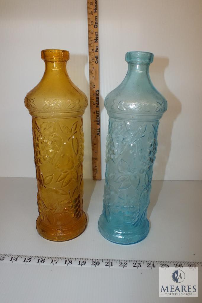 Vintage Prussian Blue and Amber Italian Tall Glass Decanters Embossed with Grape, Apple & Pear