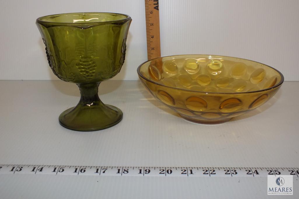 Vintage Green Pedastal Compote with Pressed Grape Design and Amber Bowl