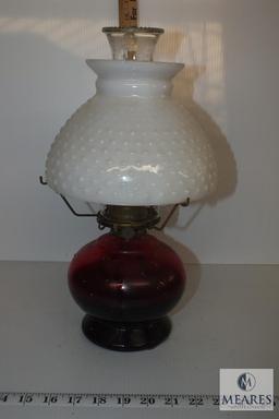 Vintage Ruby Red Base Oil Lamp with White Milk Glass Hobnail Shade