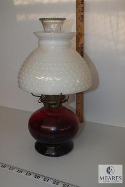 Vintage Ruby Red Base Oil Lamp with White Milk Glass Hobnail Shade