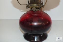 Vintage Ruby Red Base Oil Lamp with White Milk Glass Hobnail Shade