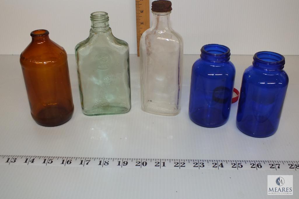 Antique Glass Medicine Bottles, Brown, Clear, Cobalt Blue