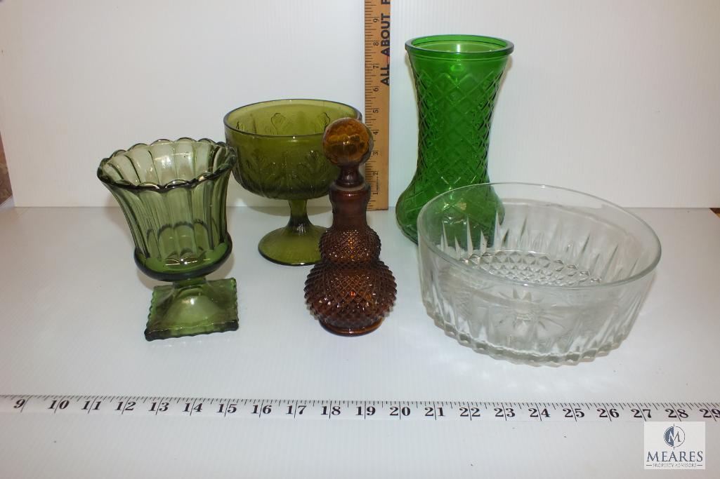 Amber, Emerald and Clear Glass Vintage Compotes, Vase and Pressed Glass Bowl