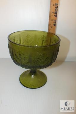 Amber, Emerald and Clear Glass Vintage Compotes, Vase and Pressed Glass Bowl