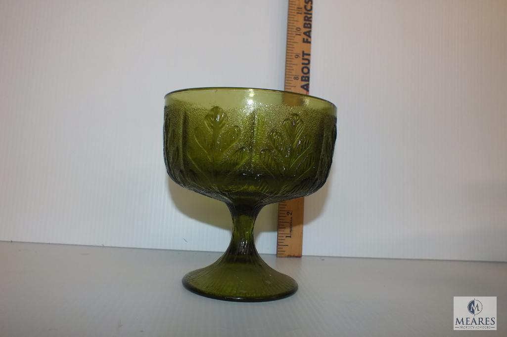 Amber, Emerald and Clear Glass Vintage Compotes, Vase and Pressed Glass Bowl