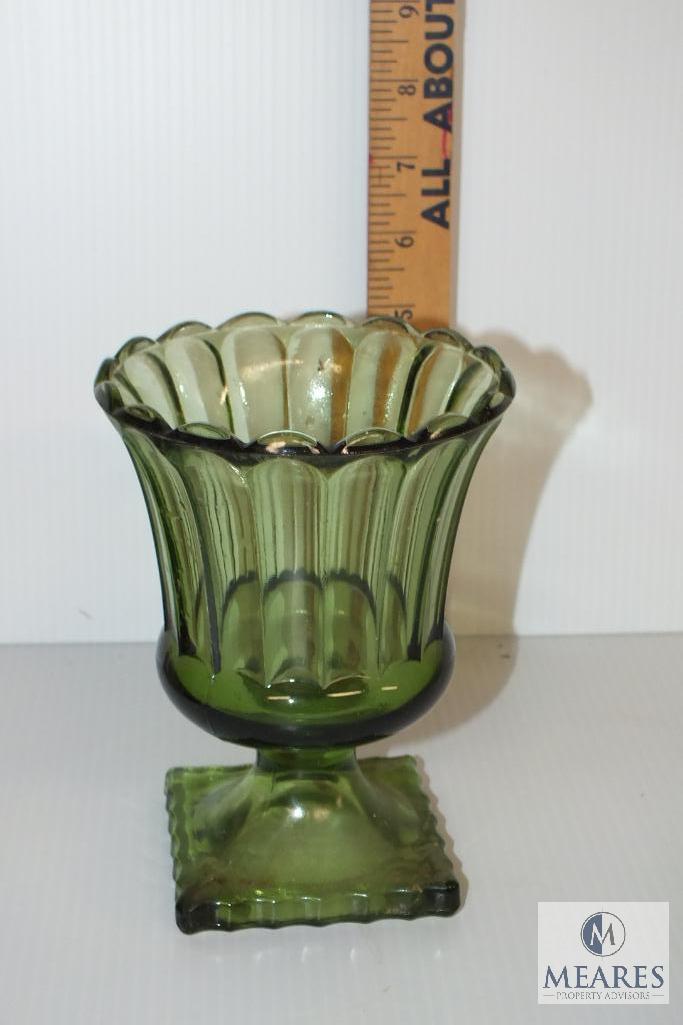 Amber, Emerald and Clear Glass Vintage Compotes, Vase and Pressed Glass Bowl