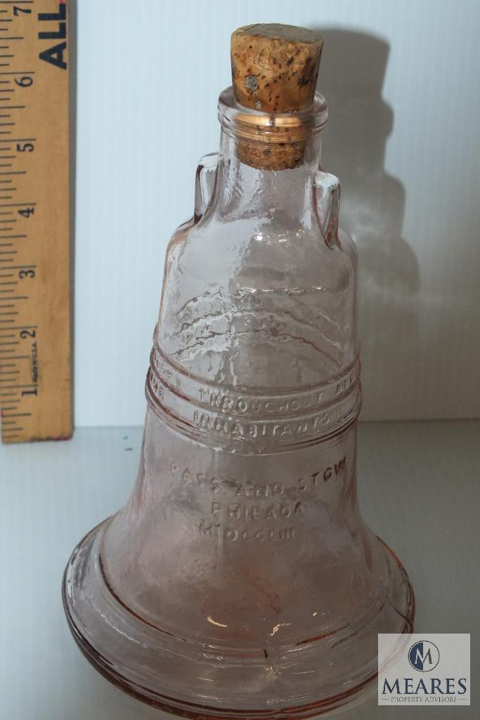 Vintage Liberty Bell Wheaton Pink Glass Bottle with cork, and other Glass Decanters