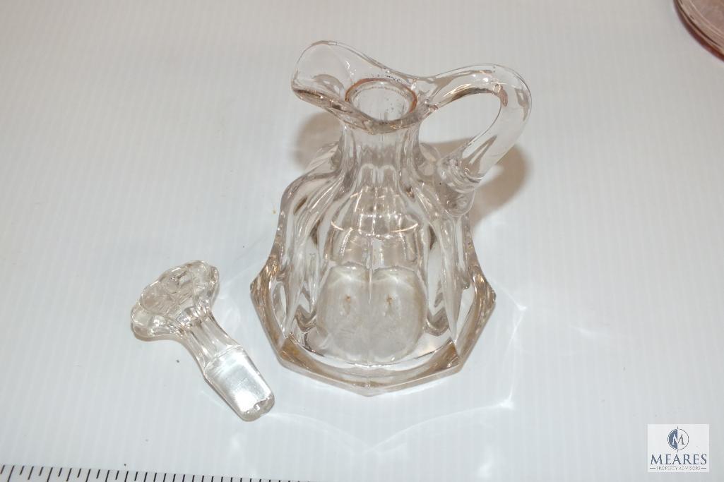 Vintage Liberty Bell Wheaton Pink Glass Bottle with cork, and other Glass Decanters