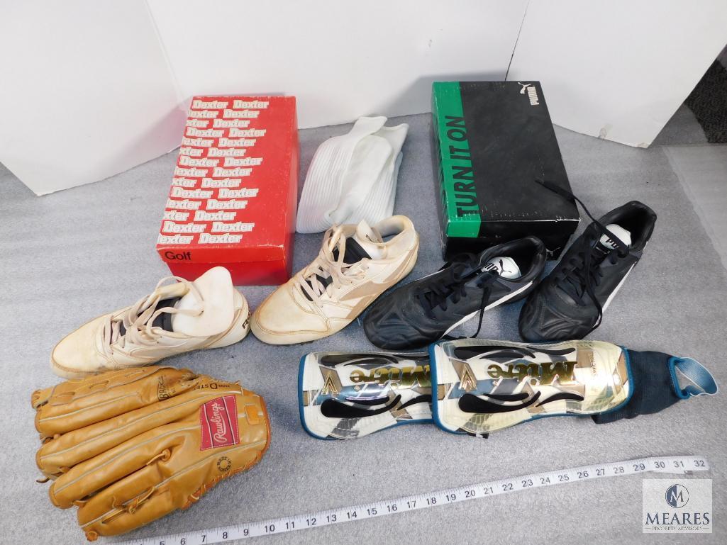 Lot of Assorted Baseball Items, Cleats, Baseball Gloves, Knee Pads